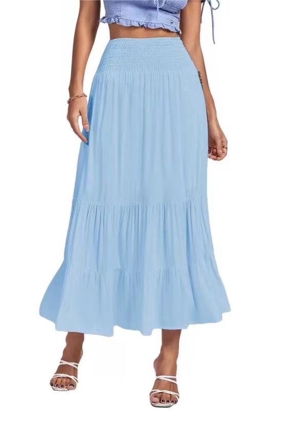 Spring Summer Solid Color Pleated Stitching Elastic High Waist Sheath Skirt