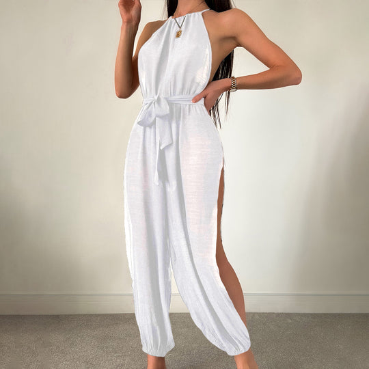 Sleeveless Beach Cover Up Solid Color All Matching Tied Jumpsuit Slim Fit Slimming Sun Protection Clothing Women