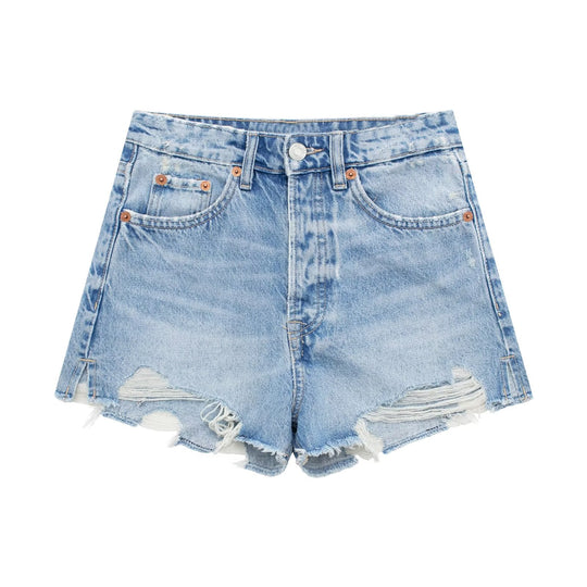 Summer Women Perforated Hole Decoration Burr Straight Cotton High Waist Denim Shorts