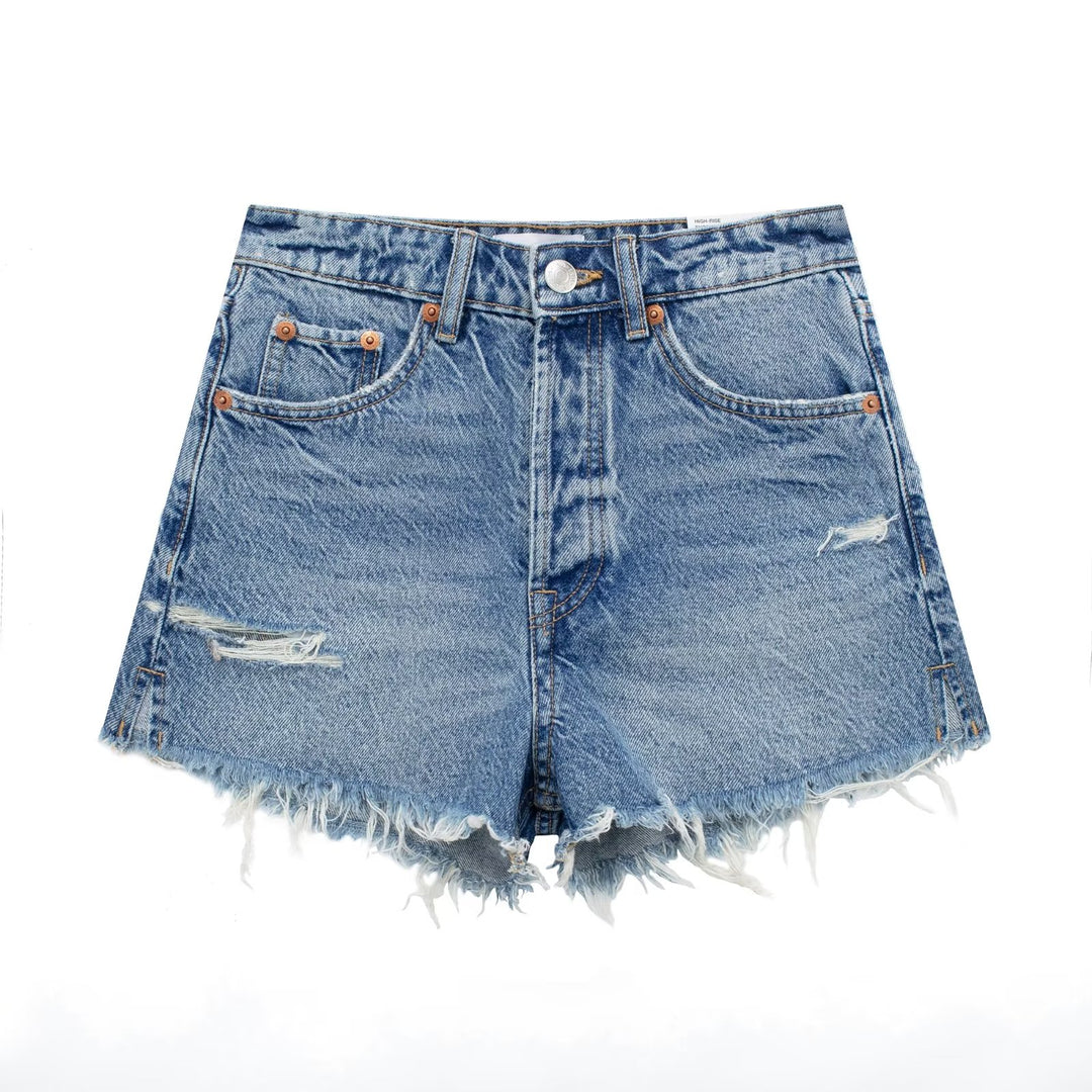 Summer Women Perforated Hole Decoration Burr Straight Cotton High Waist Denim Shorts