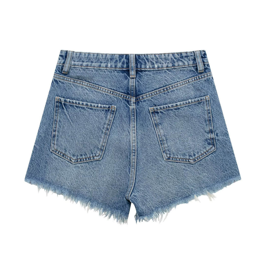 Summer Women Perforated Hole Decoration Burr Straight Cotton High Waist Denim Shorts