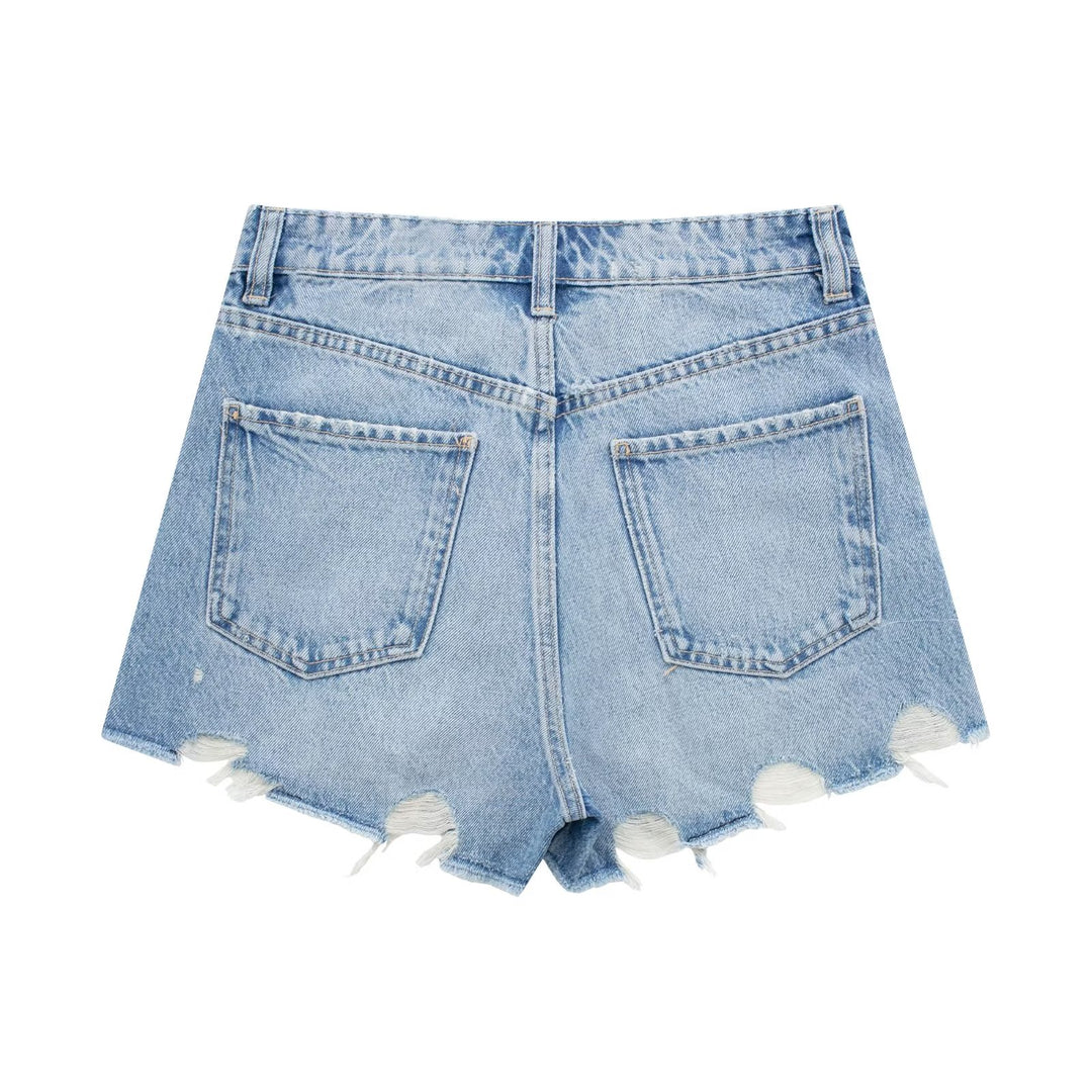 Summer Women Perforated Hole Decoration Burr Straight Cotton High Waist Denim Shorts