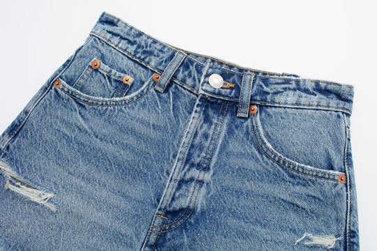 Summer Women Perforated Hole Decoration Burr Straight Cotton High Waist Denim Shorts