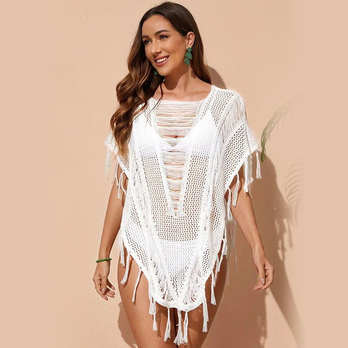 Women Summer Beach Dress Women Solid Color Sexy Knitted Hollow Out Cutout Beach Bikini Swimsuit Blouse Sun-Protective Clothing Fringe