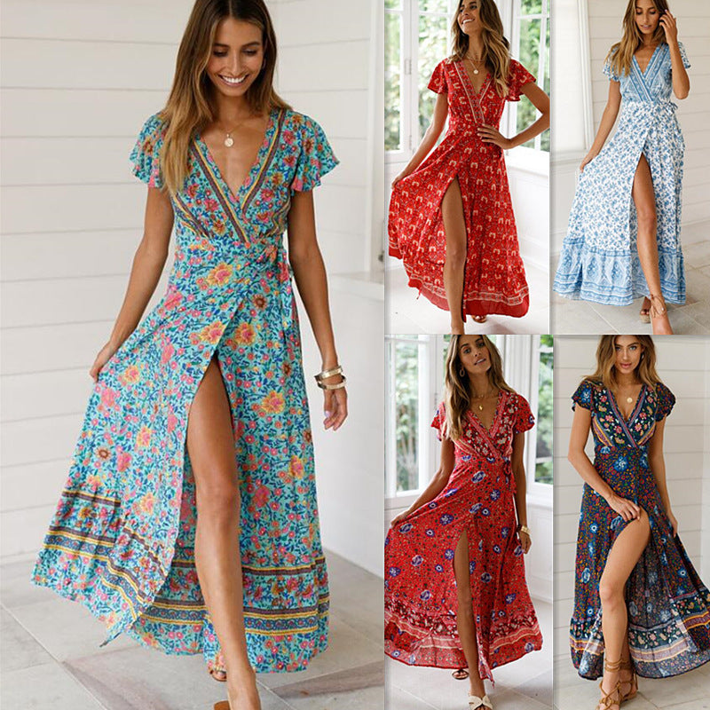 Spot Summer Casual Holiday Floral Print Dress Sexy Dress Women Clothing Wrap Dress