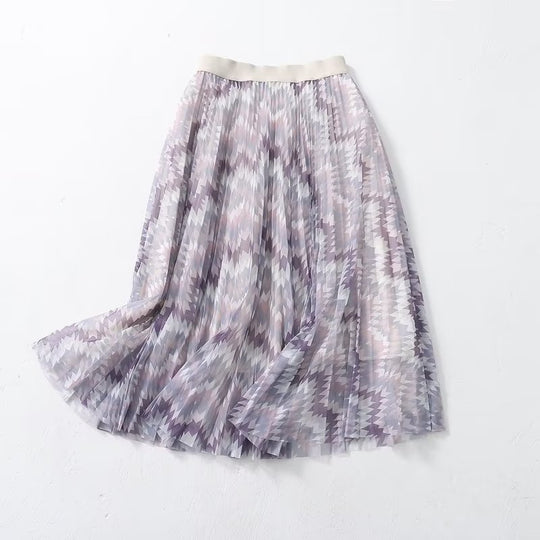 Colorful Skirt Women Clothing Spring Summer Holiday Printed Pleated Skirt