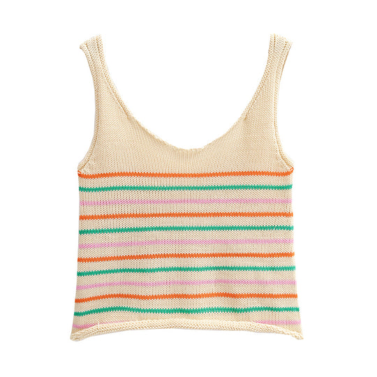 Women Clothing Summer Colorful Striped Knitted Wide Strap Rolled Edge Vest Striped Knitted Sexy Shorts