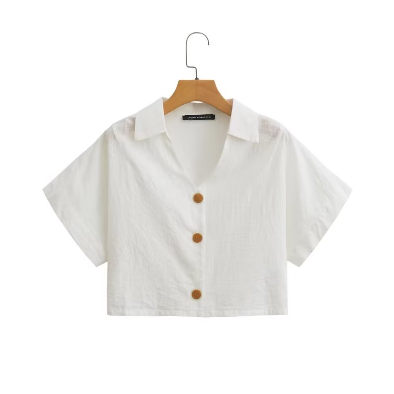 Summer Women Clothing Collared Short Sleeve Linen Blended Short Shirt