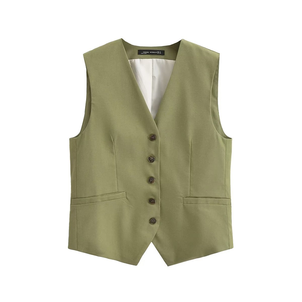 Women Summer Solid Green Elegant Button Vest