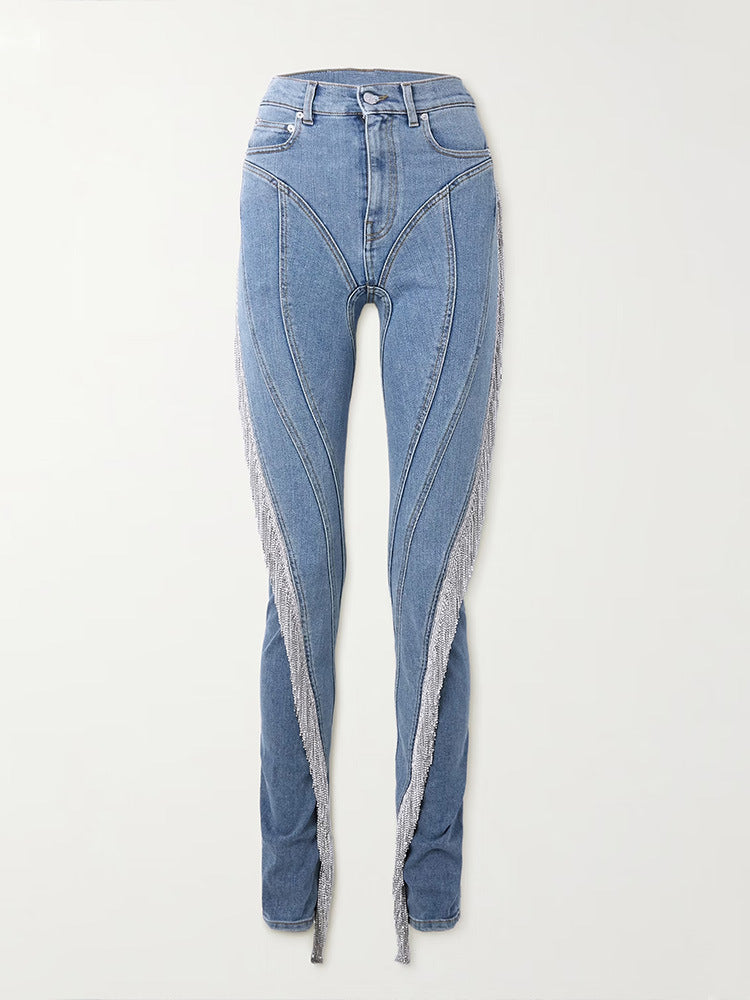 Jeans Spring Elastic Slim Fit Drill Chain Tassel High-Grade Exquisite Pants Women