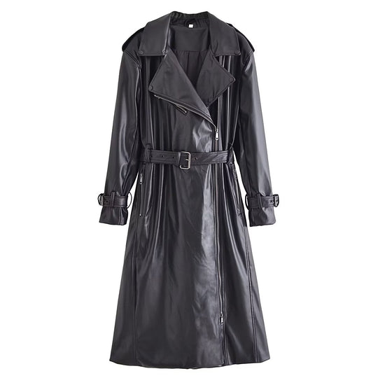 Fall Women Clothing with Belt Black Faux Leather Trench Coat