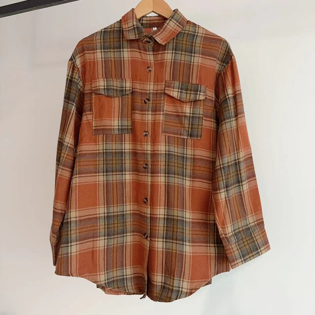 Women Autumn Winter Casual Oversize Loose Plaid Shirt