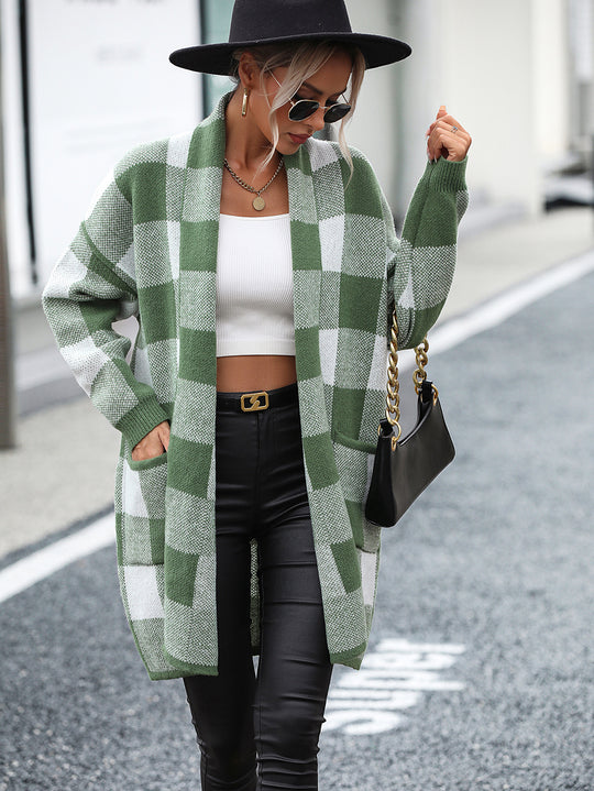 Coat Loose Plaid Color Stitching Knitted Cardigan Sweater Women
