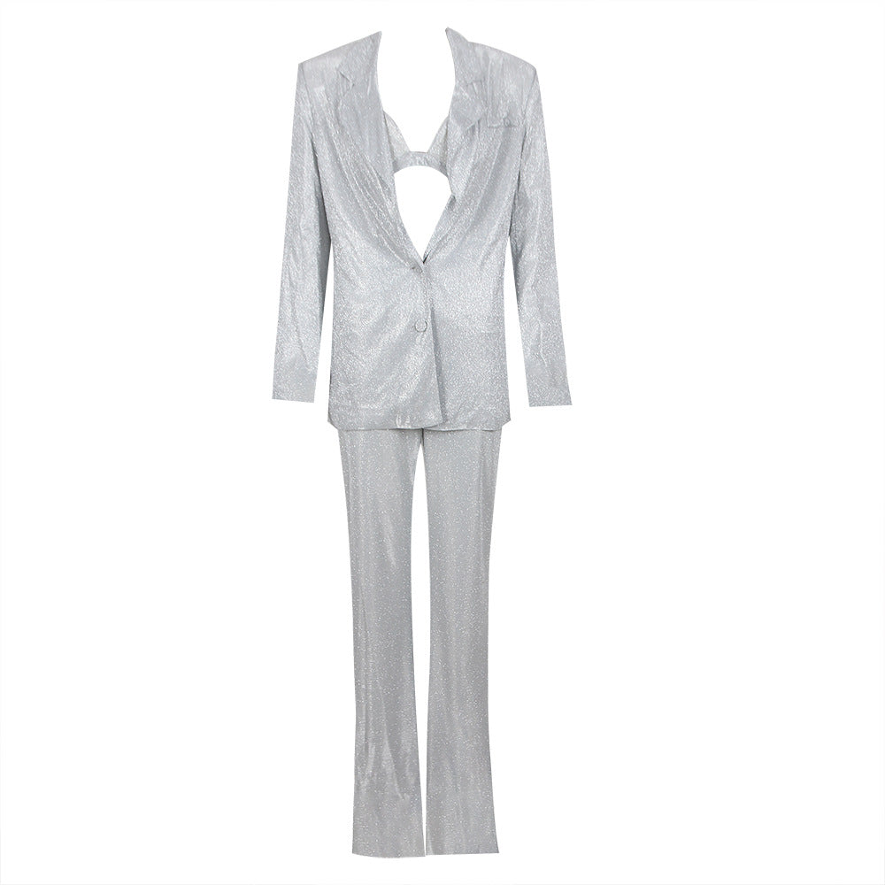 Summer Office Suit Glittering Powder Long Sexy Suit Three Piece Suit