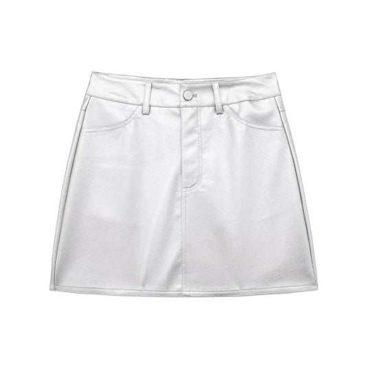 Silver Faux Leather Mini Skirts Sexy High Waist Skirt Lady Short White