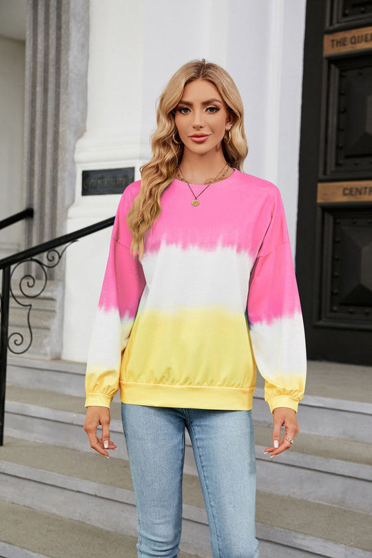 Autumn Winter Tie-Dye Contrast Color round Neck Long Sleeve Loose Sweatshirt