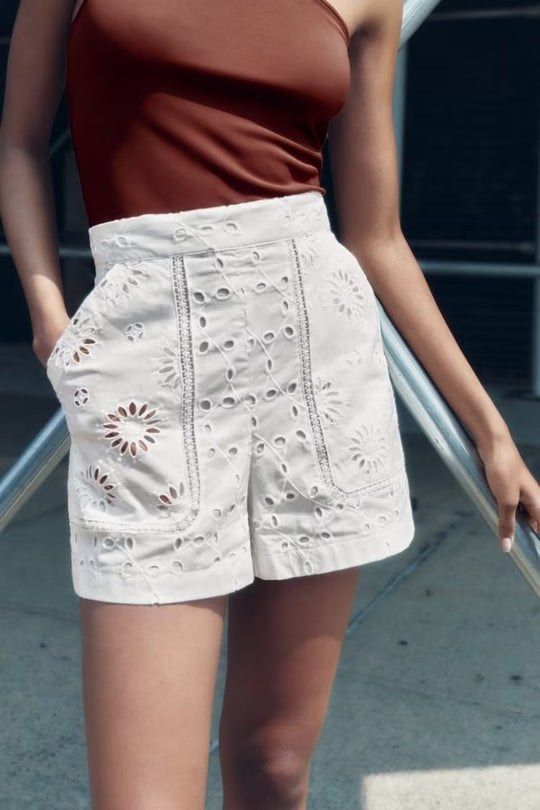 Summer Women High Waist Embroidered Hollow Out Cutout Design Casual Shorts