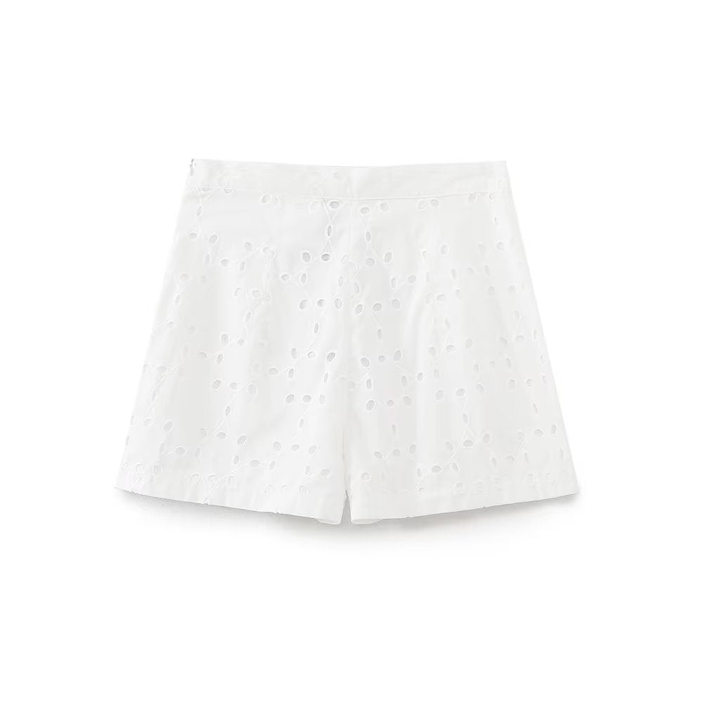 Summer Women High Waist Embroidered Hollow Out Cutout Design Casual Shorts