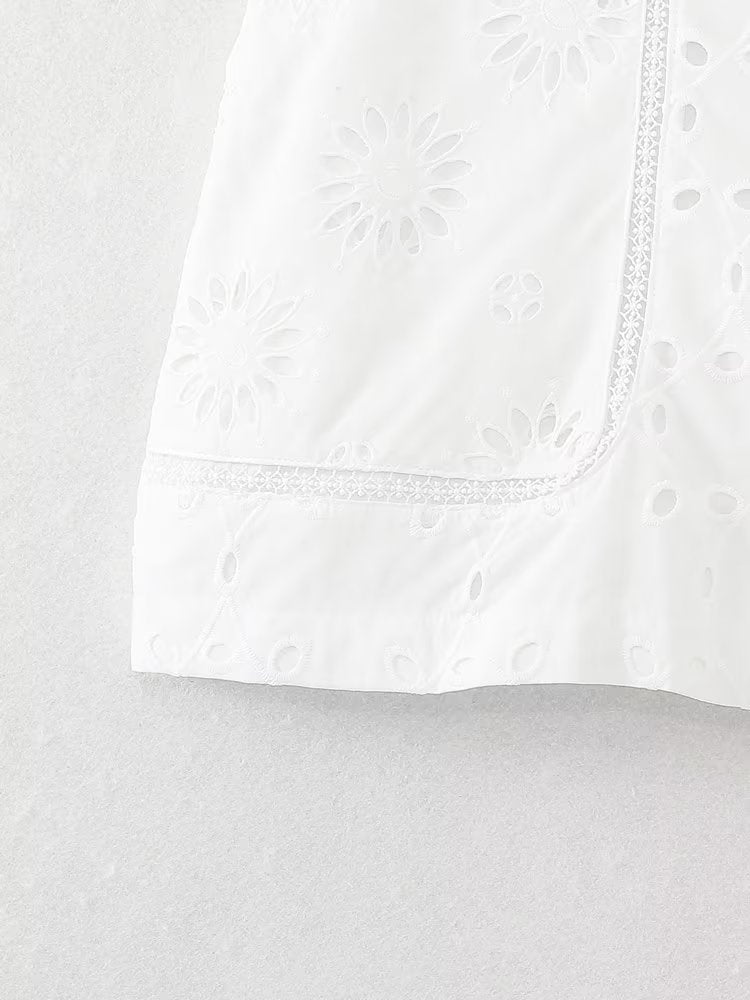 Summer Women High Waist Embroidered Hollow Out Cutout Design Casual Shorts