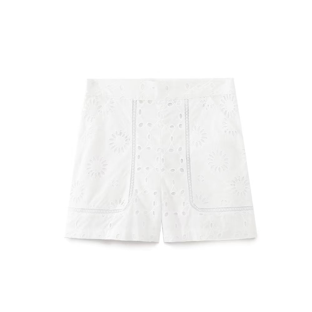 Summer Women High Waist Embroidered Hollow Out Cutout Design Casual Shorts