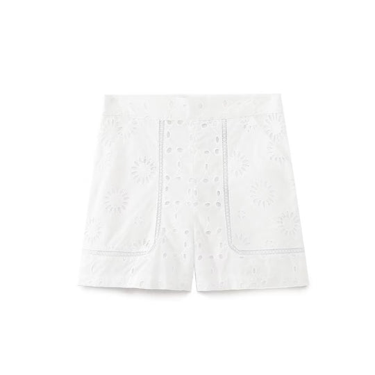 Summer Women High Waist Embroidered Hollow Out Cutout Design Casual Shorts