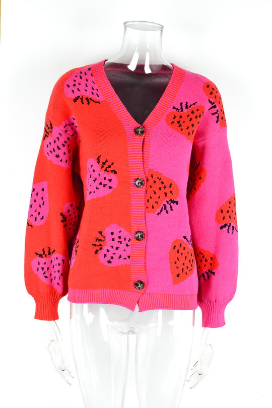 Autumn Winter Sweater V neck Buttons Cardigan Strawberry Coat Sweater Women