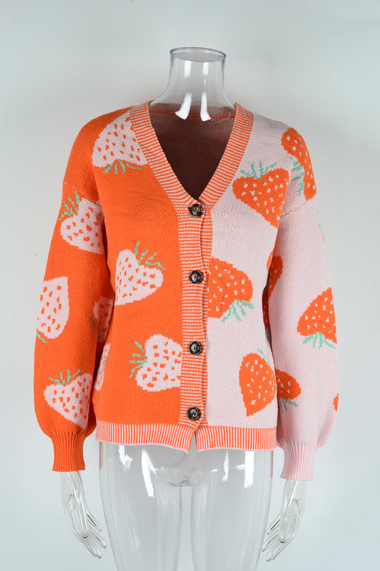 Autumn Winter Sweater V neck Buttons Cardigan Strawberry Coat Sweater Women