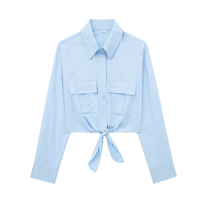 Summer Women Clothing Collared Long Sleeve Short Bow Tie Striped Shirt