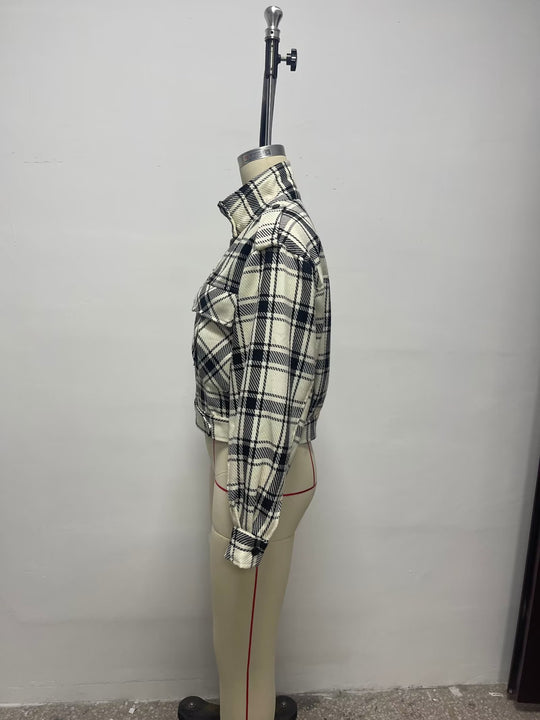 Spring Autumn Women Clothing Classic Tweed Mid Length Large Loose Pockets Plaid Jacket Casual