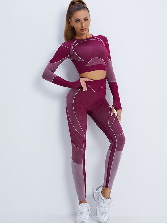 Fitness Suit Cropped Long Sleeve Sports T shirt Peach Hip Raise High Waist Tight Yoga Trousers