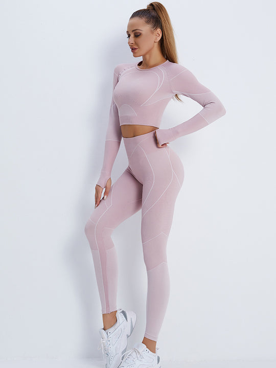 Fitness Suit Cropped Long Sleeve Sports T shirt Peach Hip Raise High Waist Tight Yoga Trousers