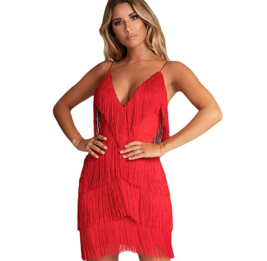 New Sexy Tassel Stitching Backless Dress Deep V-neck Dress