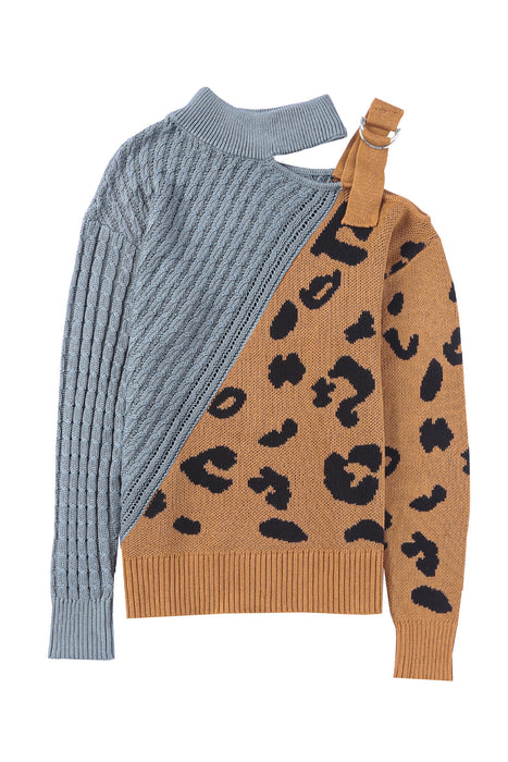 Leopard Splicing Sweater Women Autumn Winter Trendy off Shoulder Asymmetric Buckle Knitted Sweater