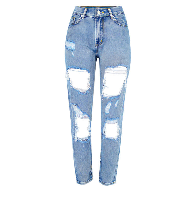 Women Clothing High Waist Loose Washed-out Denim Irregular Asymmetric Ripped Trousers