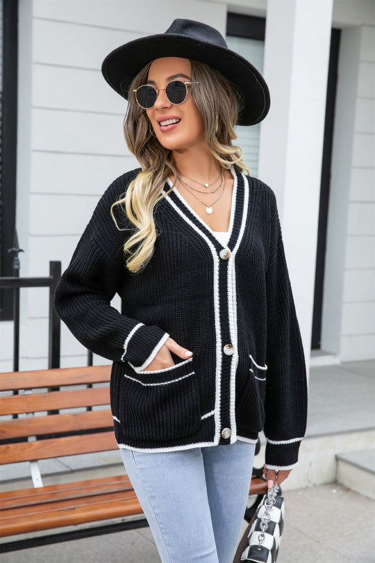 Women Clothing Sweater plus Size Color Matching Pocket Coat V neck Sweater Women