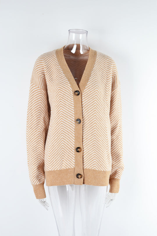 Autumn Winter Women Cardigan Sweater Color Matching Button Sweater Top V neck Coat