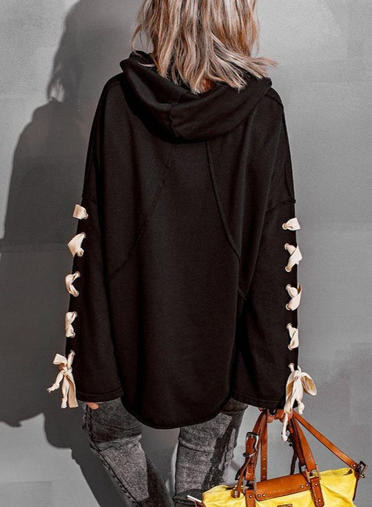 Ladies Autumn Winter Cotton Special Interest Design Lace Up Oversized Hooded Pile Collar Frayed Sweater