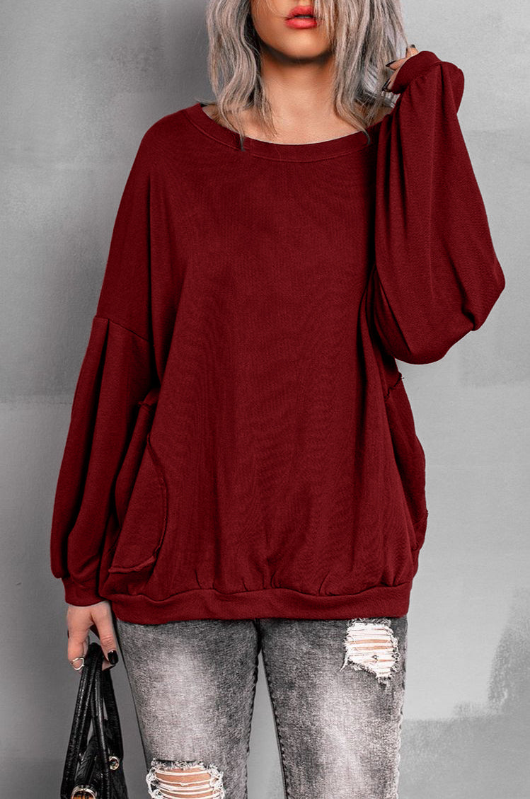 Ladies Autumn Winter Sweater Cotton Basic Loose Raglan Sleeve Double Pocket Pullover