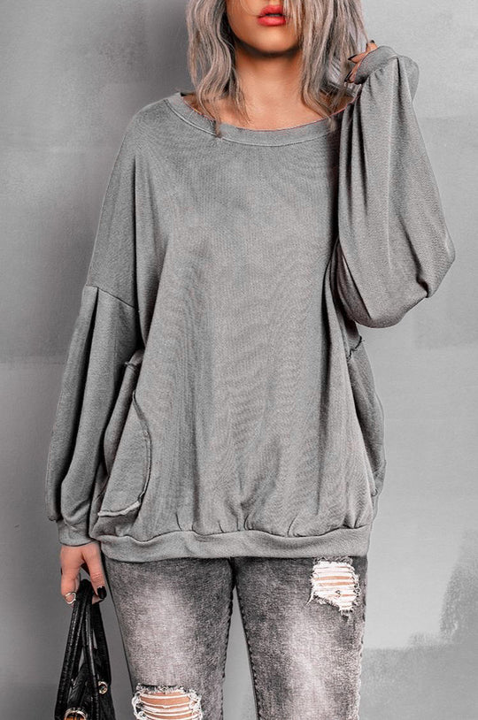 Ladies Autumn Winter Sweater Cotton Basic Loose Raglan Sleeve Double Pocket Pullover