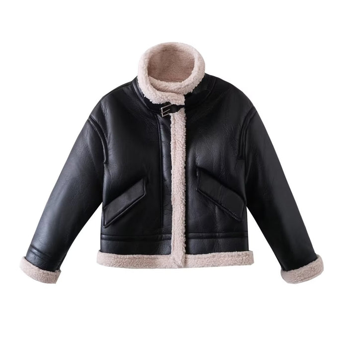 Autumn Winter Basic Black Breathing Leather Loose Jacket Short Coat