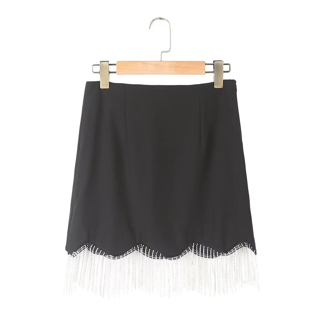 Women Clothing Tassel Rhinestone Bright Top Tassel Bright Mini Skirt Set