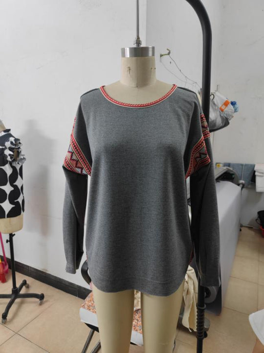 Autumn Winter Cotton Sweater Loose round Neck Ribbon Stitching Edging Design Pullover