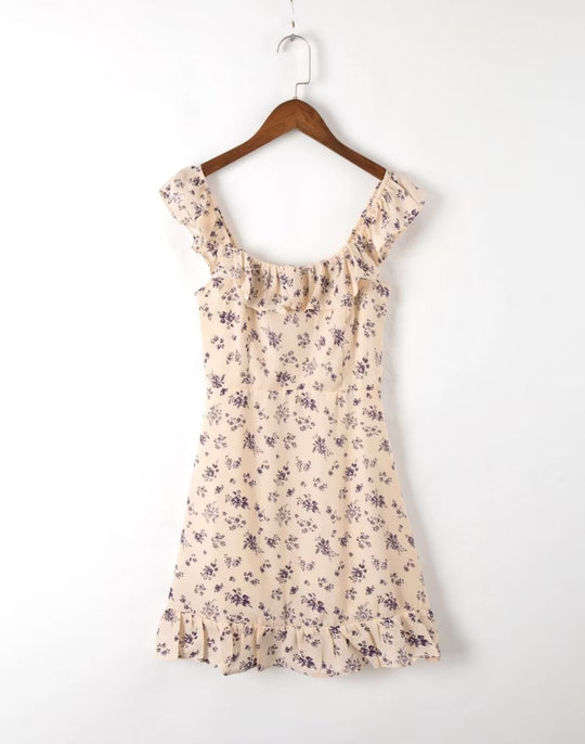 Spring French Square Neck Cinched Ruffled Floral A Line Sleeveless Strap Dress