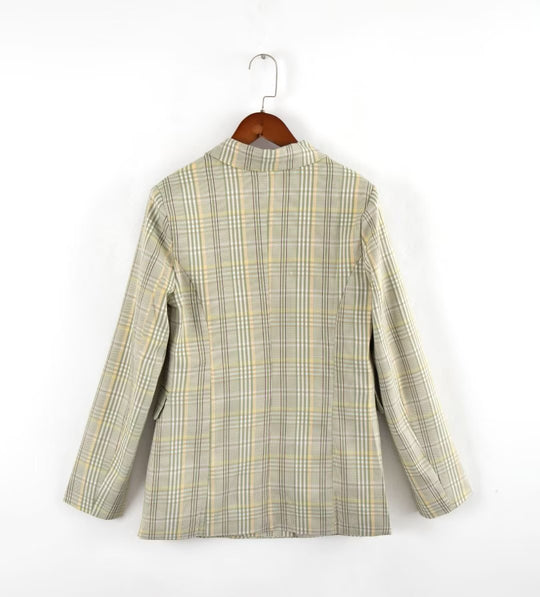 Autumn Green Worsted Fashionable Elegant Plaid Double Breasted Collar Office Coat