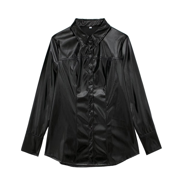 Fall Women Clothing Bright Leather Shirt Two Piece Overskirt Suit
