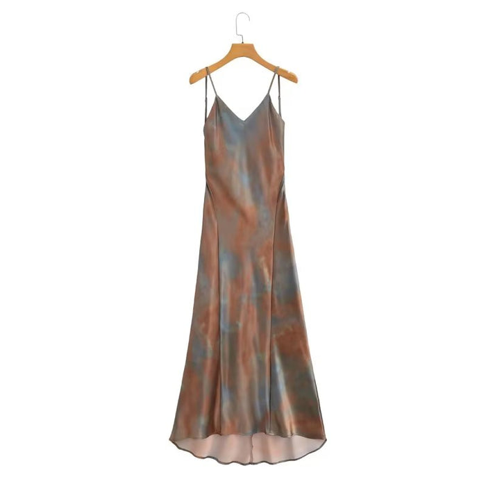 Women Clothing French Silk Satin Texture Printing Backless Dress