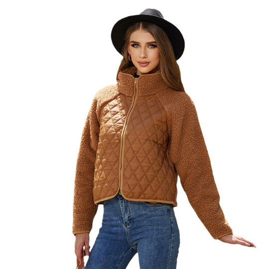 Autumn Winter Women Clothing Cardigan Zipper Long Sleeve Plush Stitching Coat Women