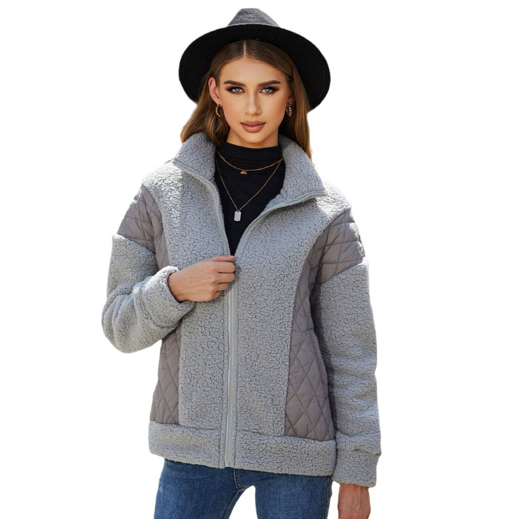 Women Clothing Autumn Winter Long Sleeve Cardigan Zipper Plush Stitching Women Coat