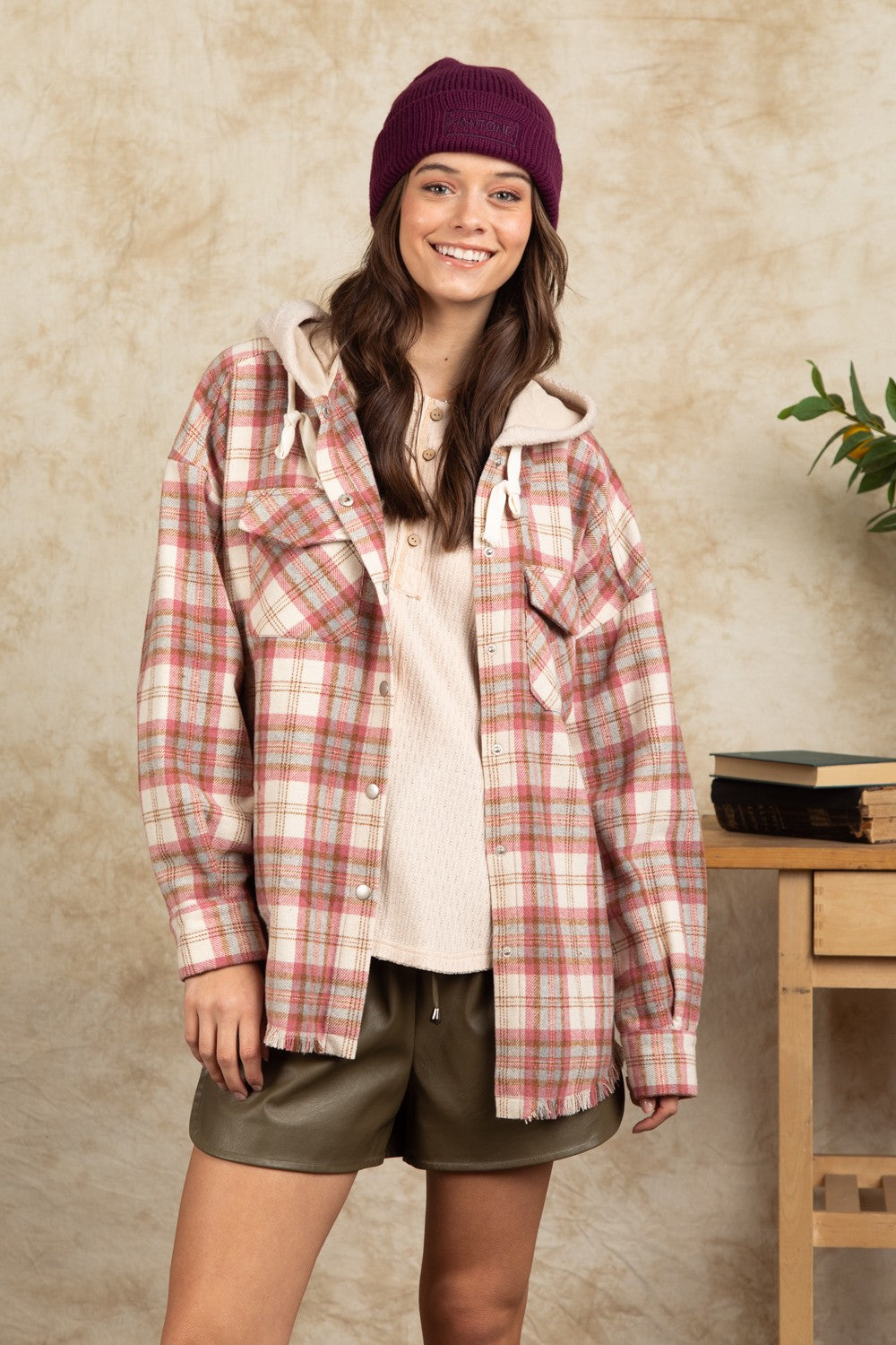 Winter Women Clothing Hooded Large Pocket Plaid Shacket