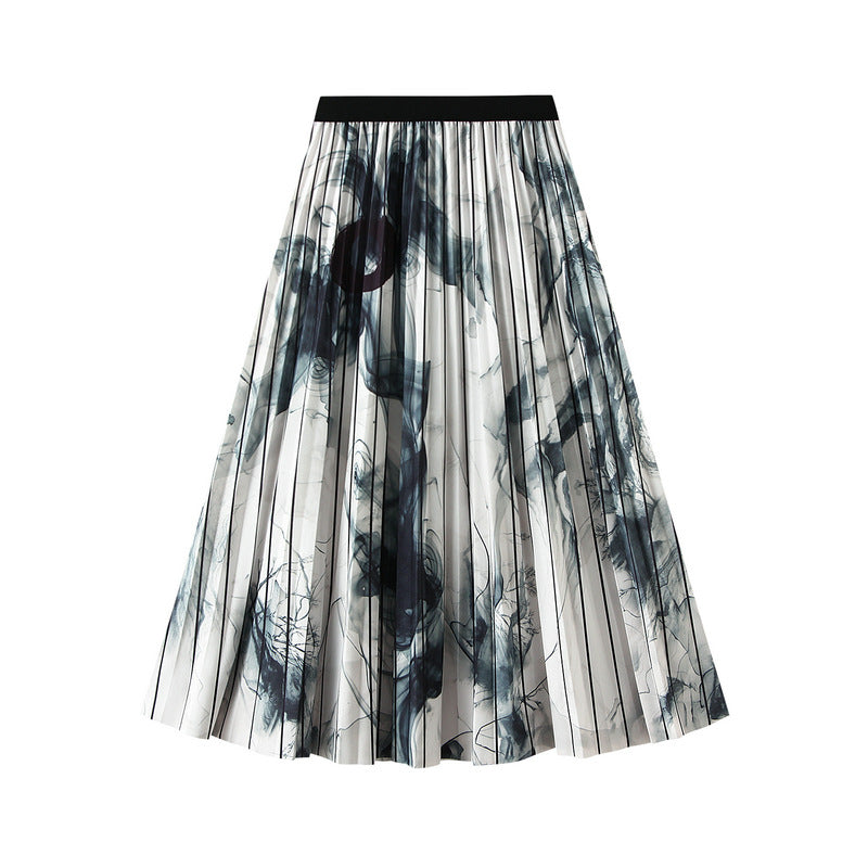 Ink Print Skirt Women  Mid Length Retro National High Waist Large Hem Pleated Skirt